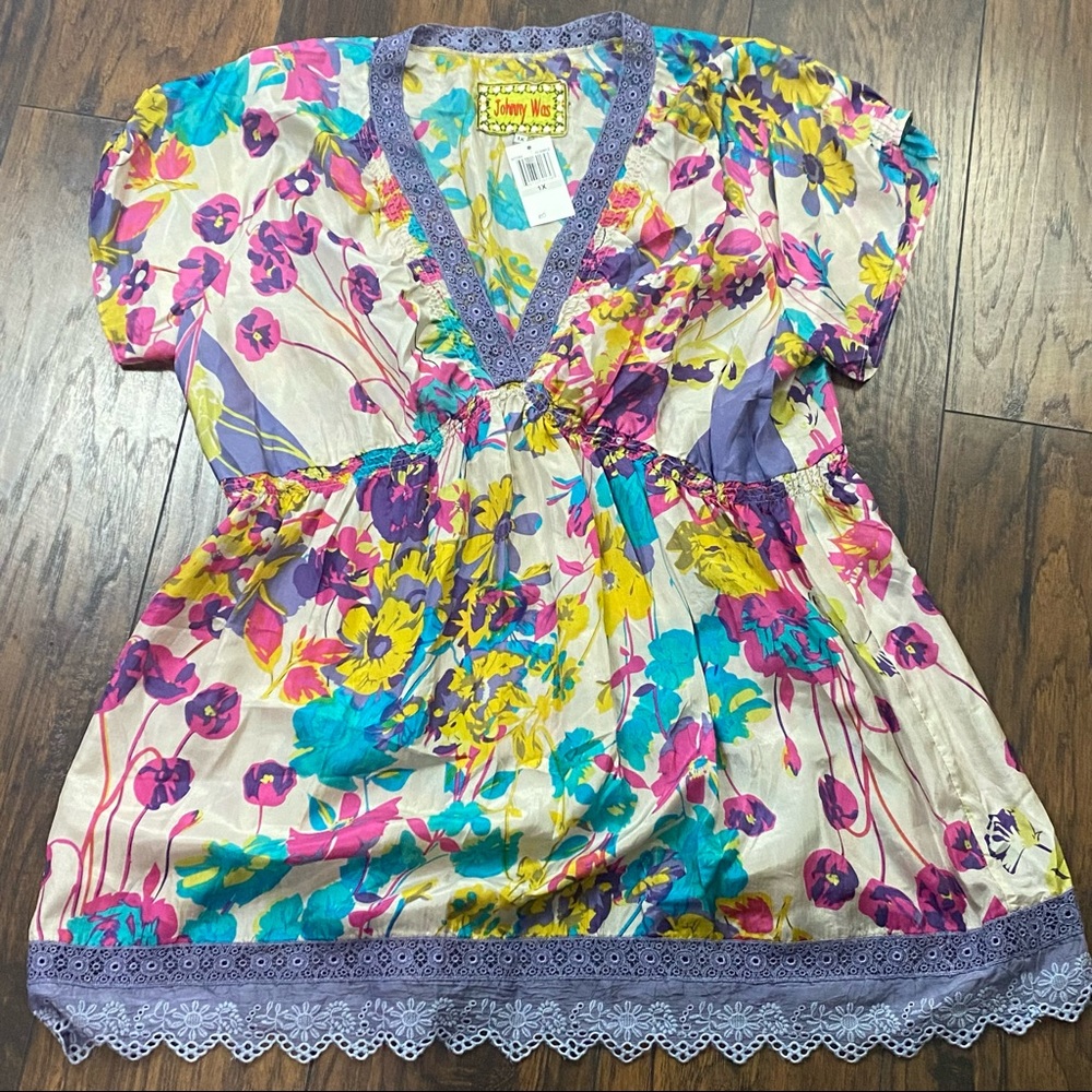 NWOT Johnny Was Silk Floral Tunic Blouse top 1X